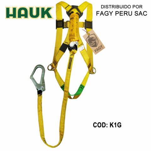 Kit arnés 2 anillas 3 hebillas linea conexiòn 1.8m amortiguador 1gancho 2 1/4″ Hauk K1G