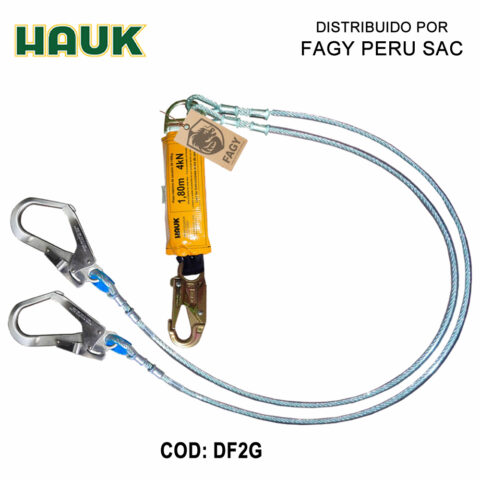Línea conexión doble,1.8m, cable acero 1/4″, amort, 1 gancho 3/4″, 2 ganchos 2¼” HAUK DF2G