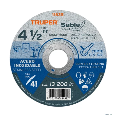 Disco Tipo 41 de 4-1/2" x 1 mm corte fino acero inox, Sable 11635 DICOF-4510I