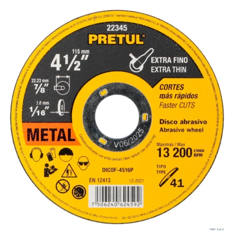 Disco Tipo 41 de 4-1/2" x 1.6 mm corte fino de metal, Pretul 22345 DICOF-4516P