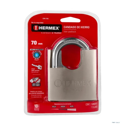 Candado de hierro 70 mm con coraza, llave anti-ganzúa 43003