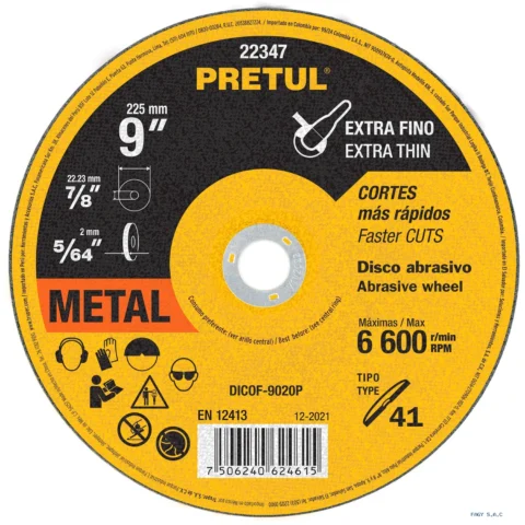 Disco Tipo 41 de 9" x 2 mm corte fino de metal, Pretul 22347 DICOF-9020P
