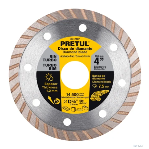 Disco de diamante de 4" x 1.2 mm, rin turbo, PRETUL 27016 DID-240P