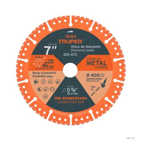 Disco de diamante de 7" x 2.8 mm, corte de metal, TRUPER 15154