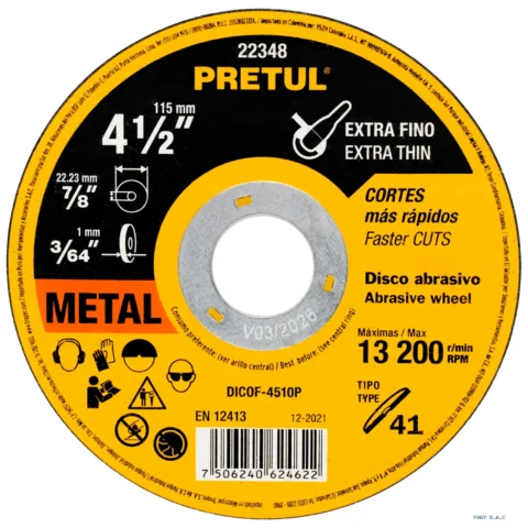 Disco Tipo 41 de 4-1/2" x 1 mm corte fino de metal, Pretul 22348 DICOF-4510P