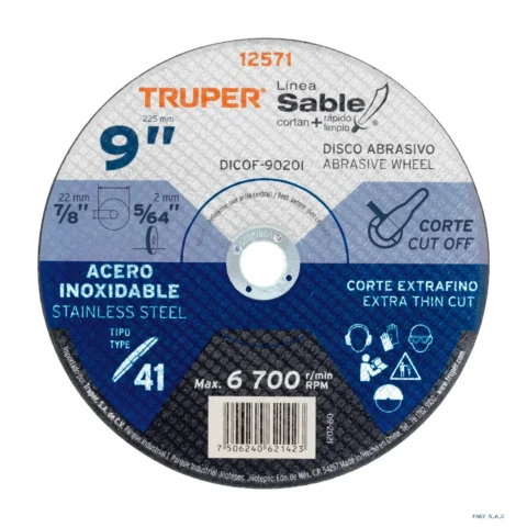 Disco Tipo 41 de 9" x 2 mm corte fino acero inox, Sable 12571 DICOF-9020I
