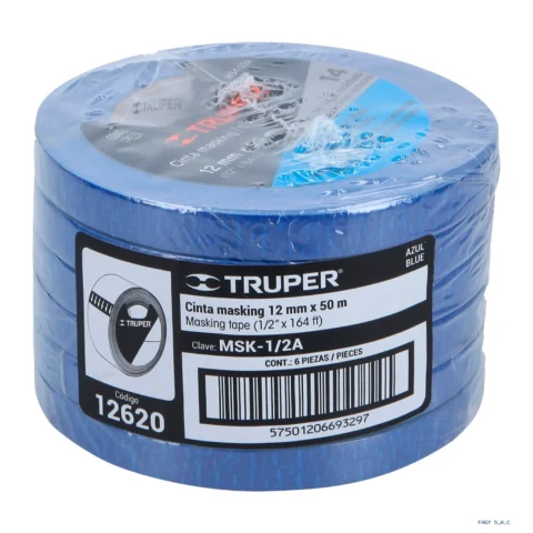 Cinta masking tape azul de 1/2" x 50 m para pintor Truper 12620