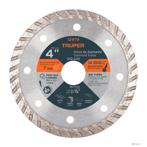 Disco de diamante de 4" x 2.2 mm, rin turbo, TRUPER 12979 DID-240