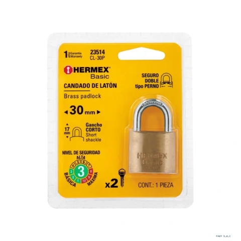 Candado de latón 30 mm gancho corto en blíster, HERMEX BASIC 23514