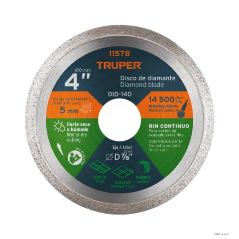 Disco de diamante de 4" x 1.6 mm, rin continuo, TRUPER 11578 DID-140