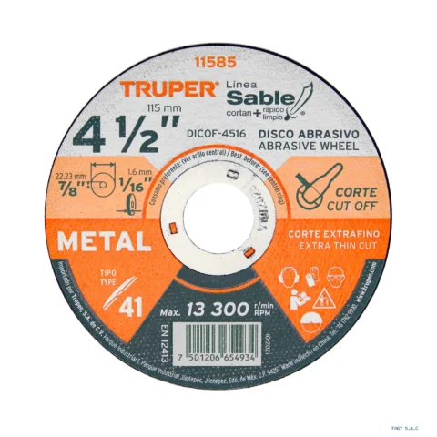 Disco Tipo 41 de 4-1/2" x 1.6 mm corte fino de metal, Sable 11585 DICOF-4516